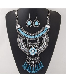 Resin Gems Embellished Dual Arches Floral and Waterdrops Design Necklace and Earrings Set - Blue