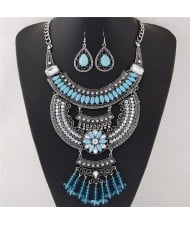 Resin Gems Embellished Dual Arches Floral and Waterdrops Design Necklace and Earrings Set - Blue