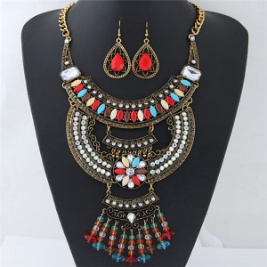 Resin Gems Embellished Dual Arches Floral and Waterdrops Design Necklace and Earrings Set - Red