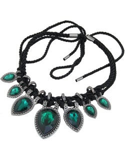 Studs Rimmed Glass Heart Gems Baroque Rope Weaving Fashion Necklace - Green