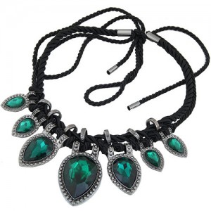 Studs Rimmed Glass Heart Gems Baroque Rope Weaving Fashion Necklace - Green