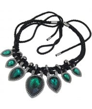 Studs Rimmed Glass Heart Gems Baroque Rope Weaving Fashion Necklace - Green