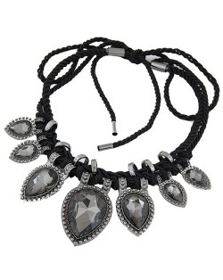 Studs Rimmed Glass Heart Gems Baroque Rope Weaving Fashion Necklace - Gray