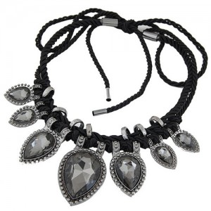 Studs Rimmed Glass Heart Gems Baroque Rope Weaving Fashion Necklace - Gray