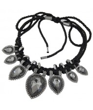 Studs Rimmed Glass Heart Gems Baroque Rope Weaving Fashion Necklace - Gray