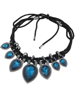 Studs Rimmed Glass Heart Gems Baroque Rope Weaving Fashion Necklace - Blue