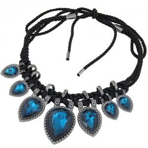 Studs Rimmed Glass Heart Gems Baroque Rope Weaving Fashion Necklace - Blue