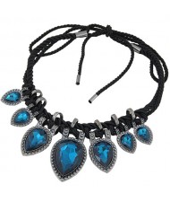 Studs Rimmed Glass Heart Gems Baroque Rope Weaving Fashion Necklace - Blue
