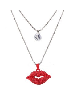 Cubic Zirconia and Red Lips Pendant Design Dual Layers Long Fashion Necklace