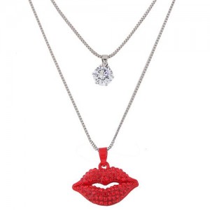 Cubic Zirconia and Red Lips Pendant Design Dual Layers Long Fashion Necklace