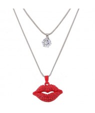 Cubic Zirconia and Red Lips Pendant Design Dual Layers Long Fashion Necklace