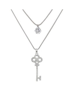 Lovely Rhinestone Inlaid Key and Cubic Zirconia Pendants Two Layers Long Fashion Necklace