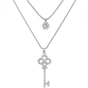 Lovely Rhinestone Inlaid Key and Cubic Zirconia Pendants Two Layers Long Fashion Necklace
