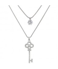 Lovely Rhinestone Inlaid Key and Cubic Zirconia Pendants Two Layers Long Fashion Necklace