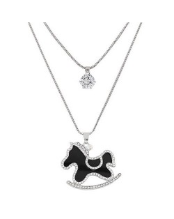 Rhinestone Rimmed Cute Horse Pendant Dual Layers Long Fashion Necklace
