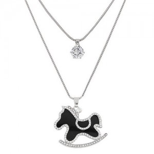Rhinestone Rimmed Cute Horse Pendant Dual Layers Long Fashion Necklace