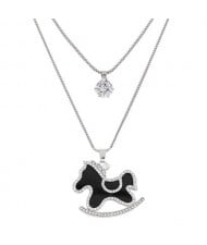 Rhinestone Rimmed Cute Horse Pendant Dual Layers Long Fashion Necklace