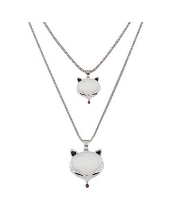 Opal Stone Fox Heads Dual Layers Long Fashion Necklace