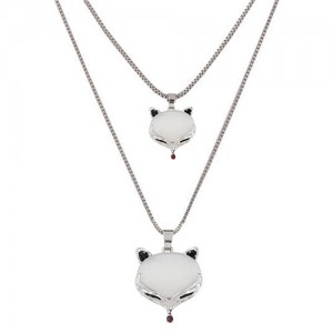 Opal Stone Fox Heads Dual Layers Long Fashion Necklace