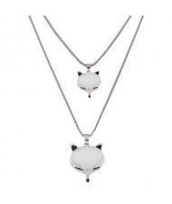 Opal Stone Fox Heads Dual Layers Long Fashion Necklace