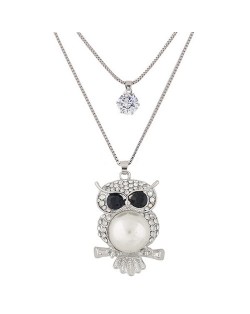 Rhinestone and Pearl Embellished Night Owl Pendant Dual Layers Costume Necklace