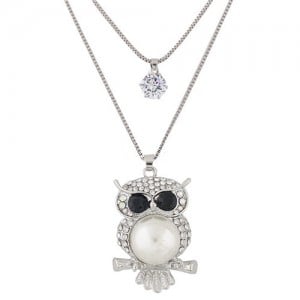 Rhinestone and Pearl Embellished Night Owl Pendant Dual Layers Costume Necklace