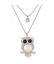 Rhinestone and Pearl Embellished Night Owl Pendant Dual Layers Costume Necklace