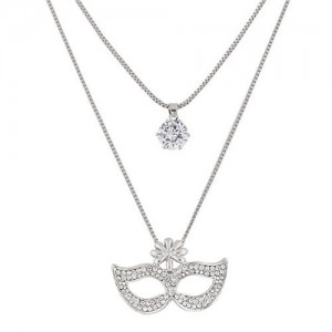 Cubic Zirconia Embellished Fashion Mask Pendant Two Layers Costume Necklace