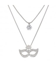 Cubic Zirconia Embellished Fashion Mask Pendant Two Layers Costume Necklace