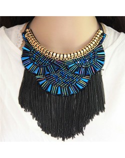Crystal Combined Bohemian Style Alloy Chains Tassel Fashion Rope Short Necklace - Blue