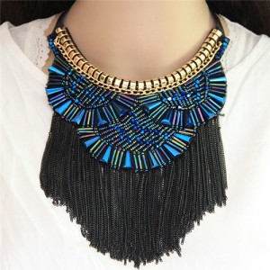Crystal Combined Bohemian Style Alloy Chains Tassel Fashion Rope Short Necklace - Blue
