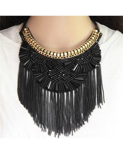 Crystal Combined Bohemian Style Alloy Chains Tassel Fashion Rope Short Necklace - Black