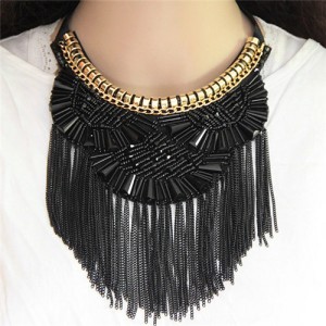 Crystal Combined Bohemian Style Alloy Chains Tassel Fashion Rope Short Necklace - Black