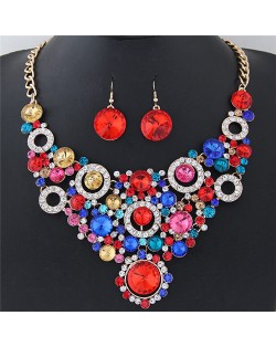 Shining Flower Hoops Cluster Chunky Fashion Necklace and Earrings Set - Multicolor