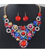 Shining Flower Hoops Cluster Chunky Fashion Necklace and Earrings Set - Multicolor