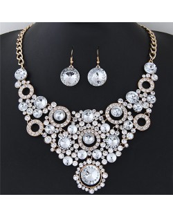 Shining Flower Hoops Cluster Chunky Fashion Necklace and Earrings Set - White