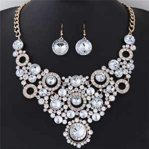 Shining Flower Hoops Cluster Chunky Fashion Necklace and Earrings Set - White