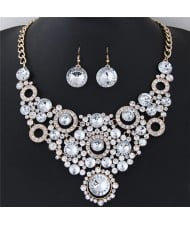Shining Flower Hoops Cluster Chunky Fashion Necklace and Earrings Set - White