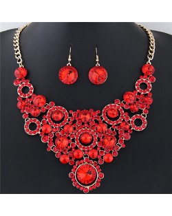 Shining Flower Hoops Cluster Chunky Fashion Necklace and Earrings Set - Red