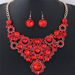 Shining Flower Hoops Cluster Chunky Fashion Necklace and Earrings Set - Red
