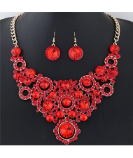 Shining Flower Hoops Cluster Chunky Fashion Necklace and Earrings Set - Red