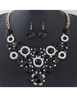 Shining Flower Hoops Cluster Chunky Fashion Necklace and Earrings Set - Black