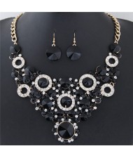 Shining Flower Hoops Cluster Chunky Fashion Necklace and Earrings Set - Black