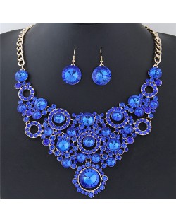 Shining Flower Hoops Cluster Chunky Fashion Necklace and Earrings Set - Blue