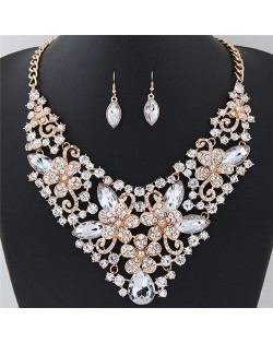 Wealthy Hollow Flowers and Vines Design Luxurious Necklace and Earrings Set - White