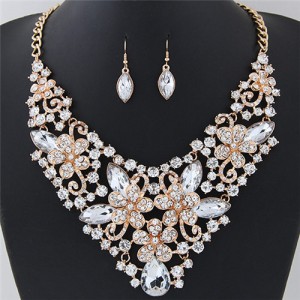 Wealthy Hollow Flowers and Vines Design Luxurious Necklace and Earrings Set - White