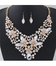 Wealthy Hollow Flowers and Vines Design Luxurious Necklace and Earrings Set - White