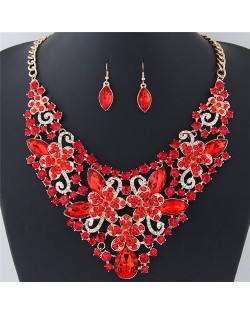 Wealthy Hollow Flowers and Vines Design Luxurious Necklace and Earrings Set - Red