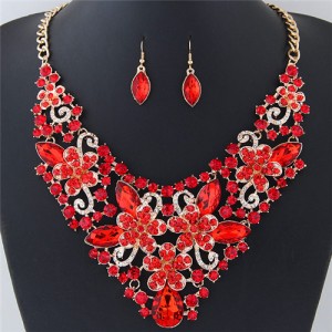 Wealthy Hollow Flowers and Vines Design Luxurious Necklace and Earrings Set - Red