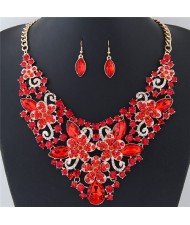 Wealthy Hollow Flowers and Vines Design Luxurious Necklace and Earrings Set - Red